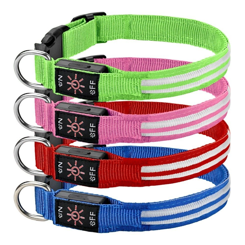 PetGo LED glow collars in green, pink, red, and blue with reflective stripes and USB-rechargeable light module