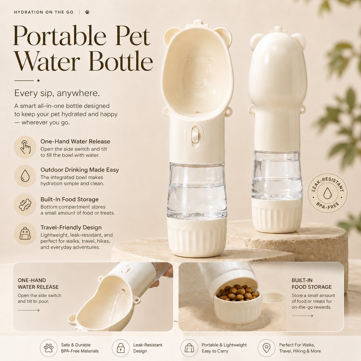PetGo portable pet water bottle with built-in food storage, one-hand water release and leak-resistant design