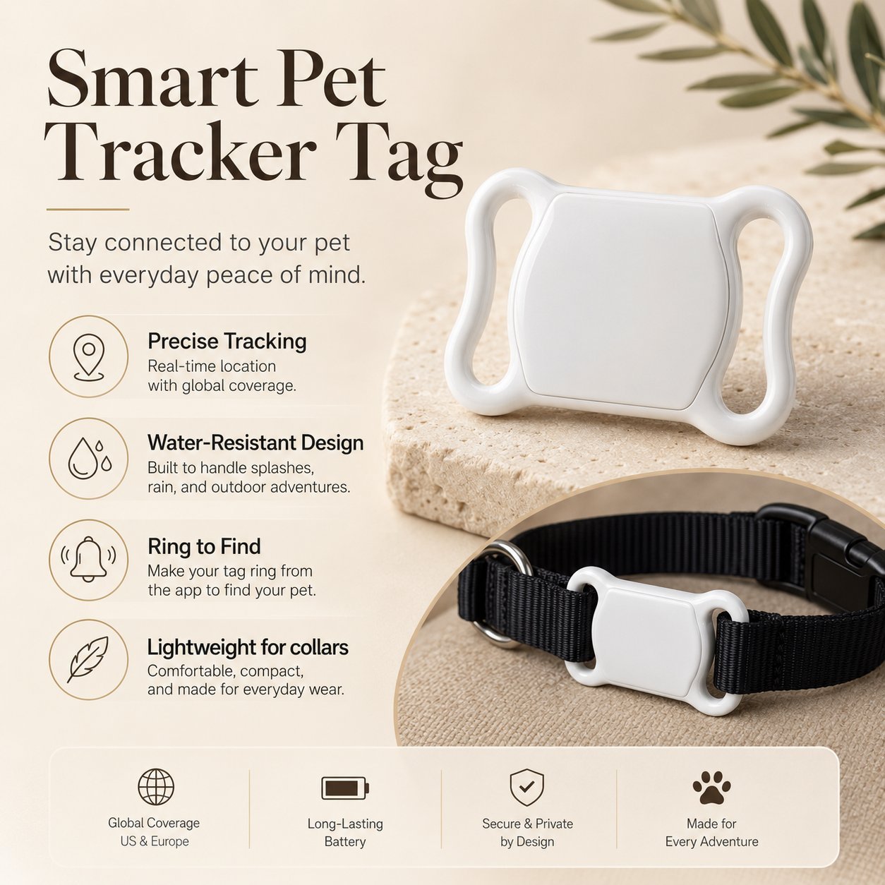 PetGo Smart Pet Tracker Tag — precise tracking, water-resistant design, ring to find, lightweight for collars
