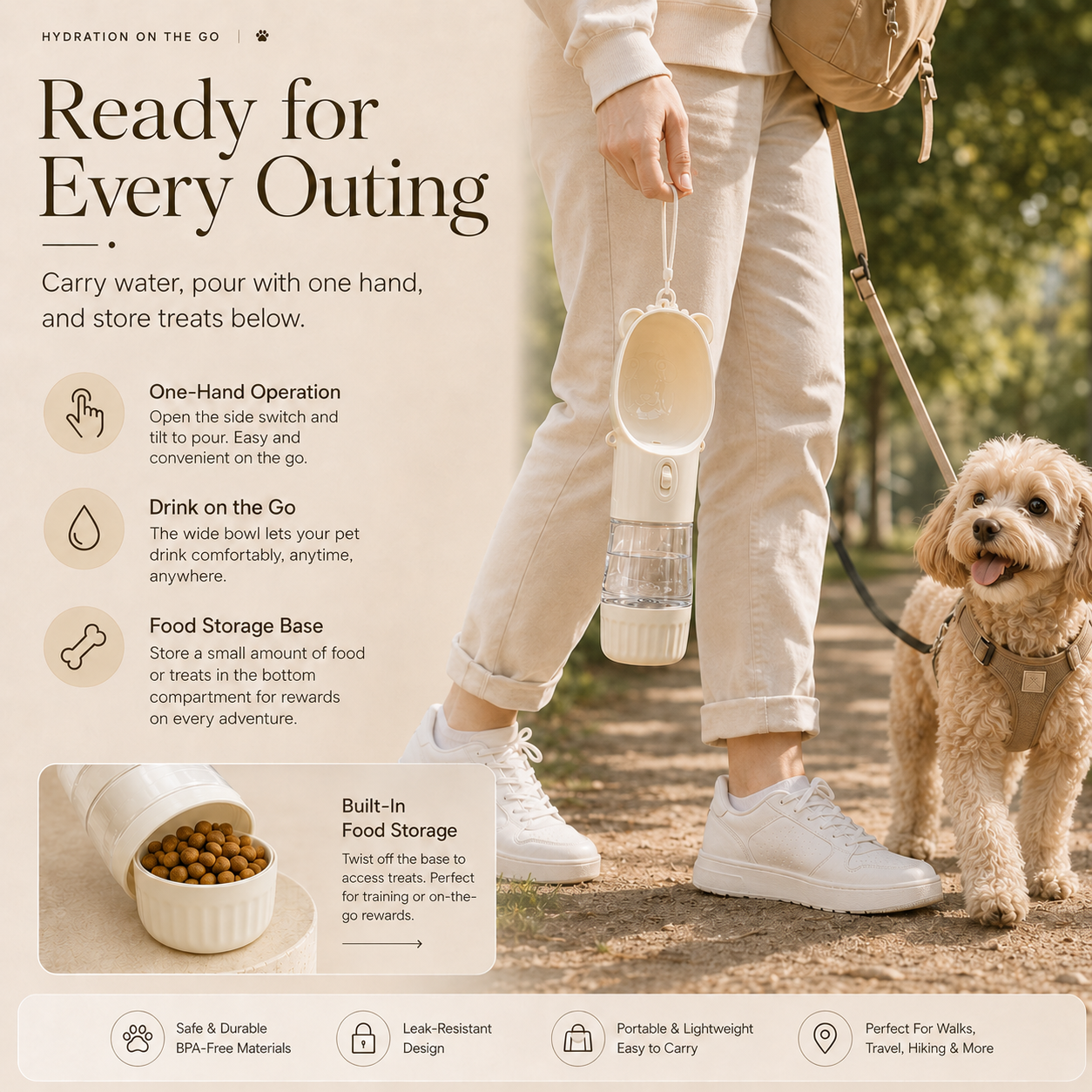 Dog walking with owner carrying the PetGo travel water bottle
