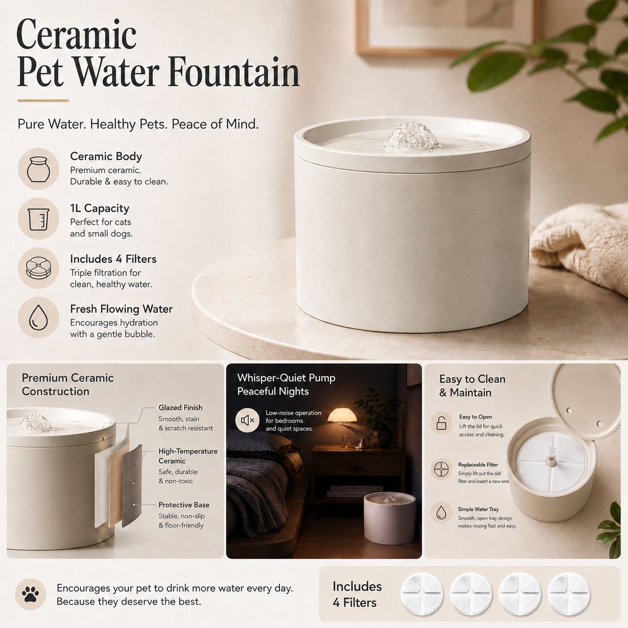 PetGo premium ceramic pet fountain — all-ceramic body, circulating fresh water, easy to clean, quiet everyday use